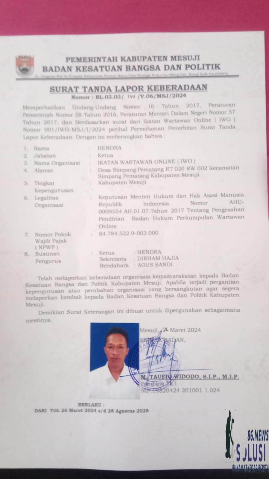 Ketua PD  IWO Mesuji Terima surat Tanda Lapor keberadaan dari Kesbangpol Kabupaten Mesuji